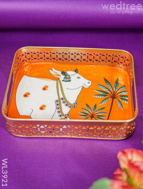 Rectangular Brass Tray With Pichwai Design - Orange Wl3921 Utility