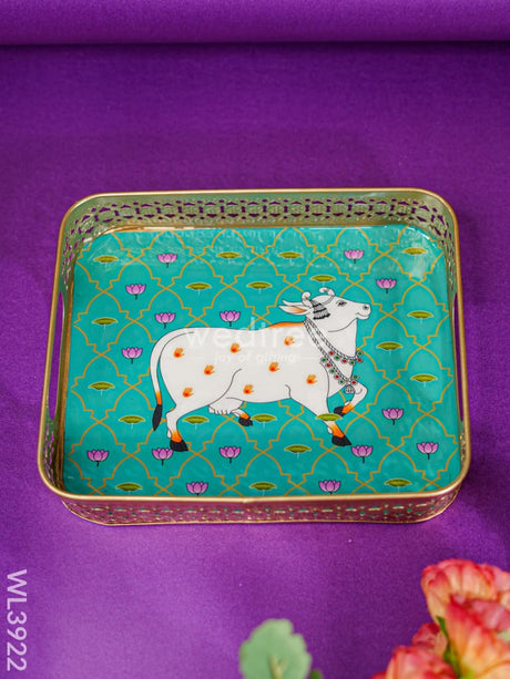 Rectangular Brass Tray With Pichwai Design - Green Wl3922 Utility