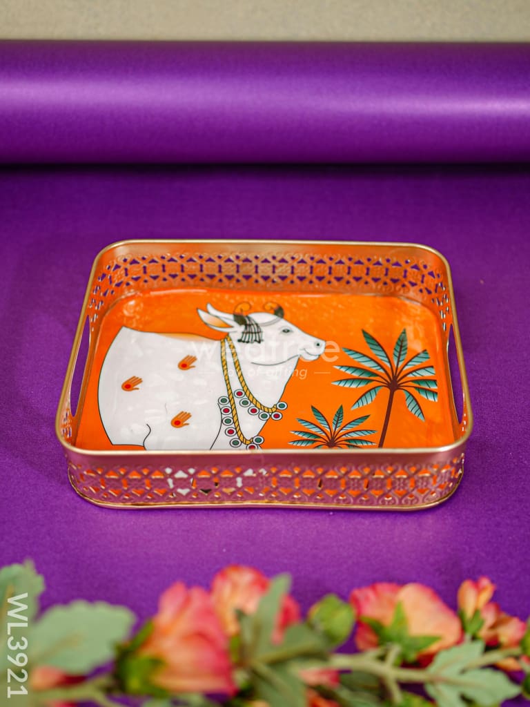 Rectangular Brass Tray With Pichwai Design - Orange Wl3921 Utility