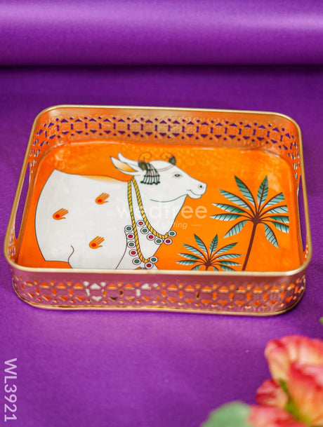 Rectangular Brass Tray With Pichwai Design - Orange Wl3921 Utility