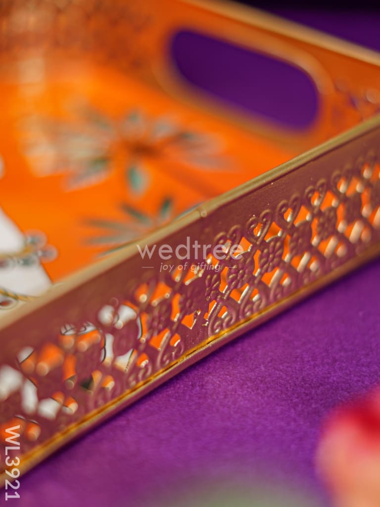 Rectangular Brass Tray With Pichwai Design - Orange Wl3921 Utility