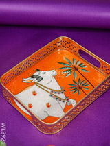 Rectangular Brass Tray With Pichwai Design - Orange Wl3921 Utility