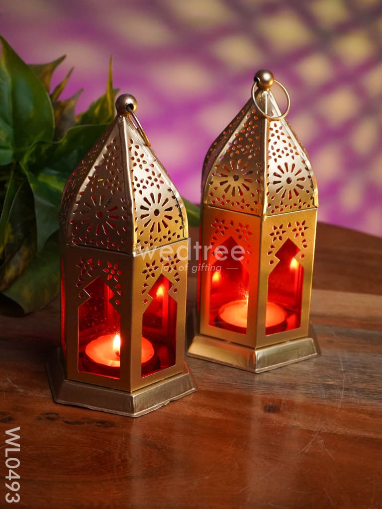 Red Metal Lantern - Set Of 2 Wl0493 Candles And Votives