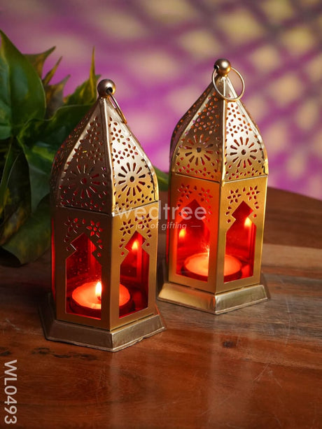 Red Metal Lantern - Set Of 2 Wl0493 Candles And Votives