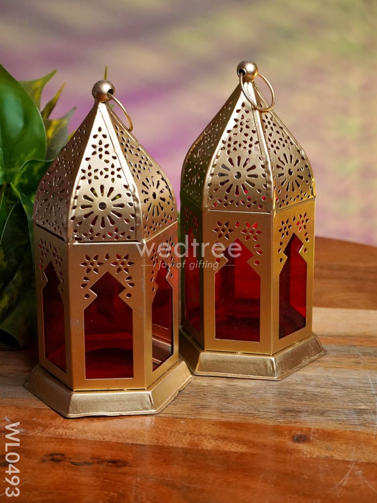 Red Metal Lantern - Set Of 2 Wl0493 Candles And Votives