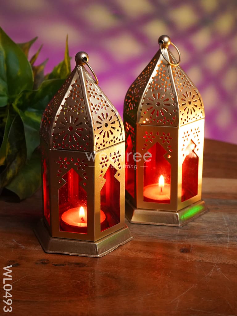 Red Metal Lantern - Set Of 2 Wl0493 Candles And Votives