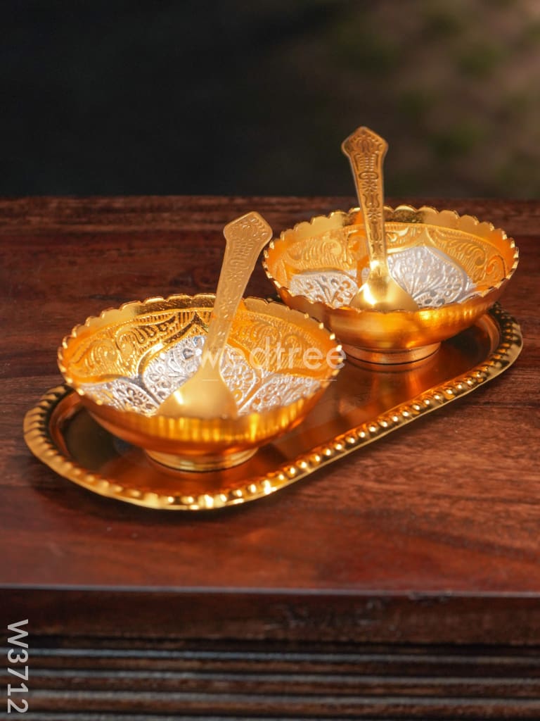 Silver & Gold Plated Bowl Set Of 2 With Plate - W3712 Bowls