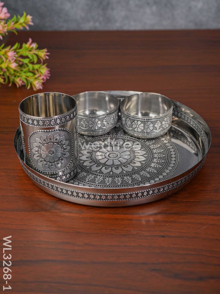 Oxidised Thali Set Of 4 - 9.5 Inch Wl3268-1 Meenakari Trays & Plates