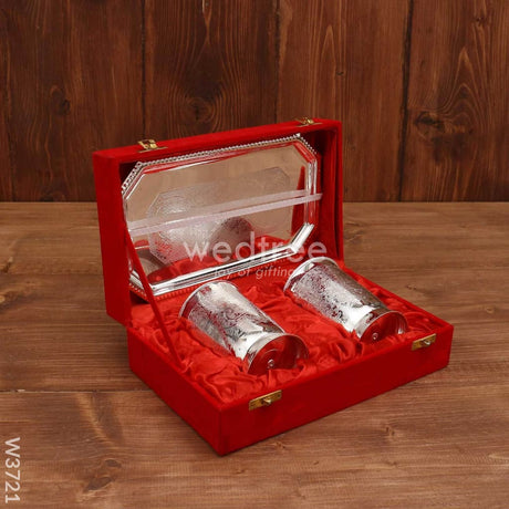 Silver Plated Set Of 2 Glass With Plate - W3721 Utility Return Gifts