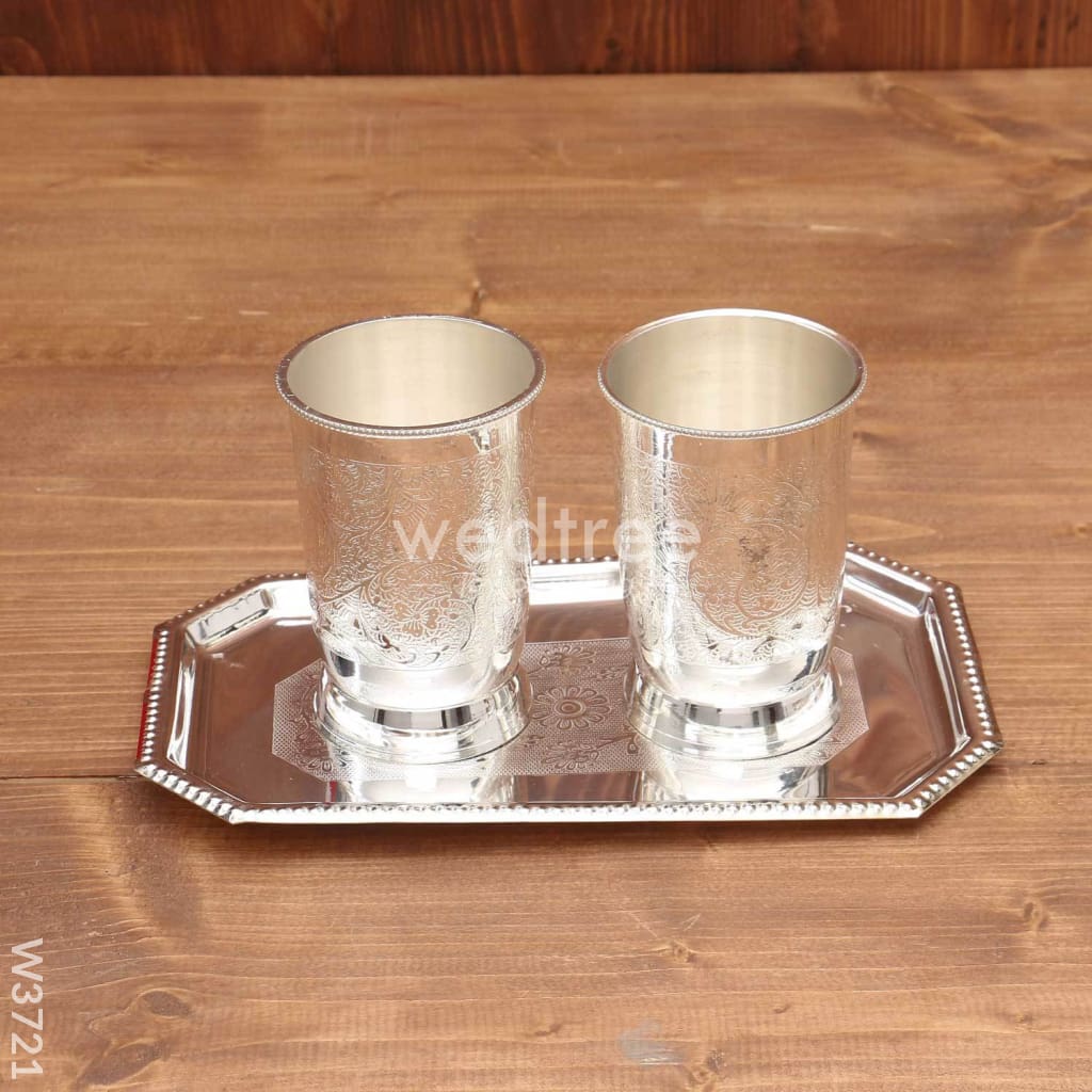 Silver Plated Set Of 2 Glass With Plate - W3721 Utility Return Gifts