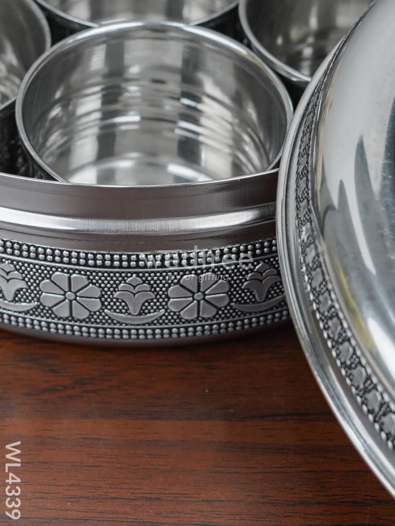 Stainless Steel Silver Oxidised Masala Box - Wl4339 Containers And Poori Boxes