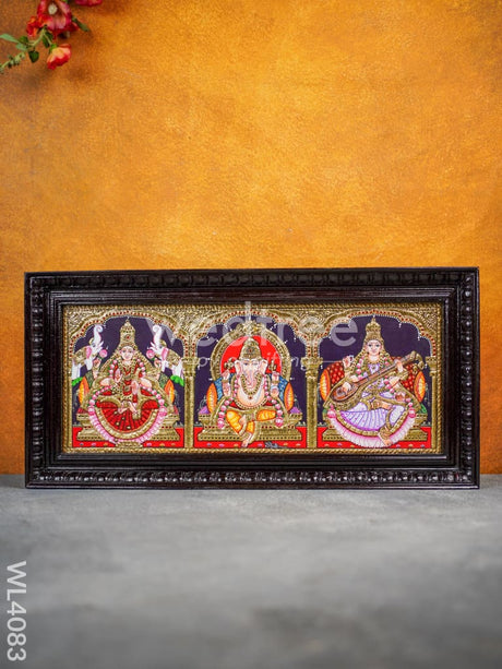 Tanjore Painting - Gajalakshmi-Ganesha-Saraswathi 24 X 10 Inch Flat [Gold Foil] Wl4083
