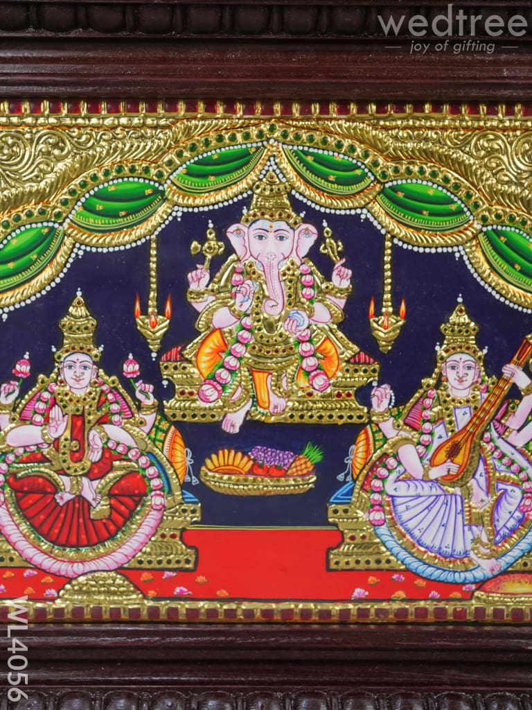 Tanjore Painting - Lakshmi-Ganesha-Saraswathi 15 X 12 Inch Flat [Gold Foil] Wl4056