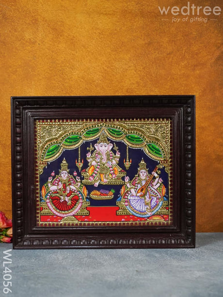 Tanjore Painting - Lakshmi-Ganesha-Saraswathi 15 X 12 Inch Flat [Gold Foil] Wl4056