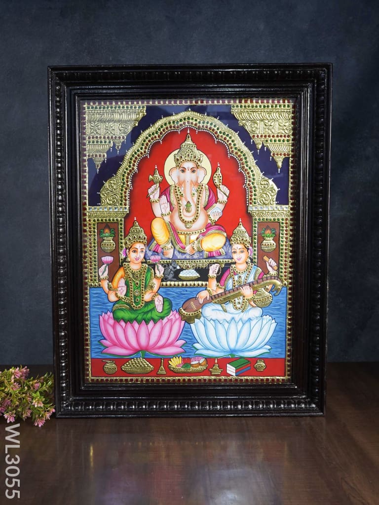 Tanjore Painting Lakshmi Ganesha Saraswathi - 24 X 18 Inch Wl3055