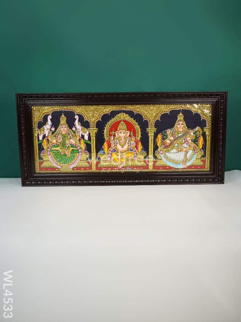 Tanjore Painting - Lakshmi Ganesha Saraswathi Flat (Gold Foil) 30 X 12 Inch Wl4533