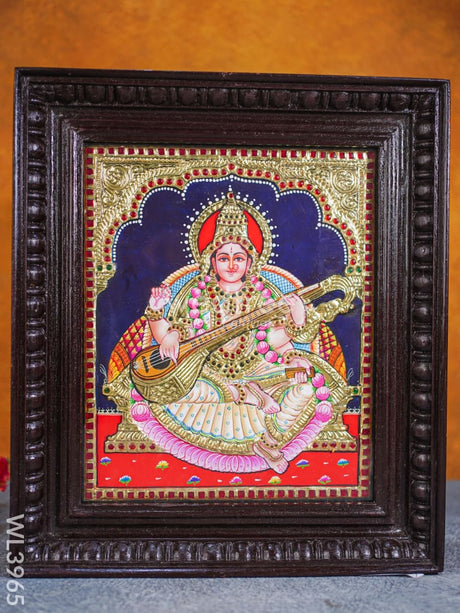 Tanjore Painting - Saraswathi 12 X 10 Inch Flat [Gold Foil] Wl3965