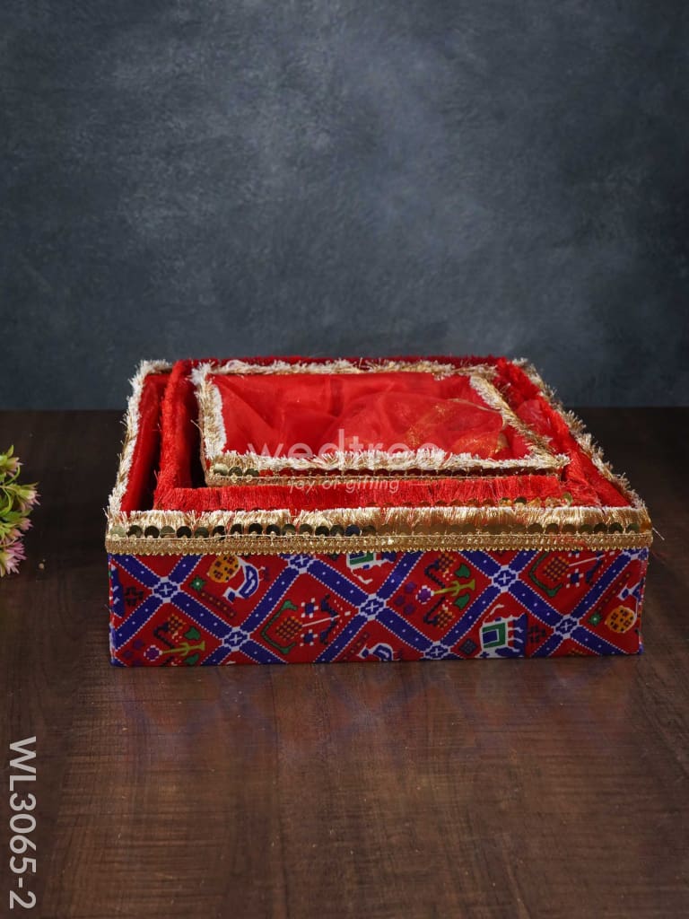 Trousseau Baskets In Patola Fabric With Golden Lace - Set Of 3 Wl3065 Red Wedding Essentials