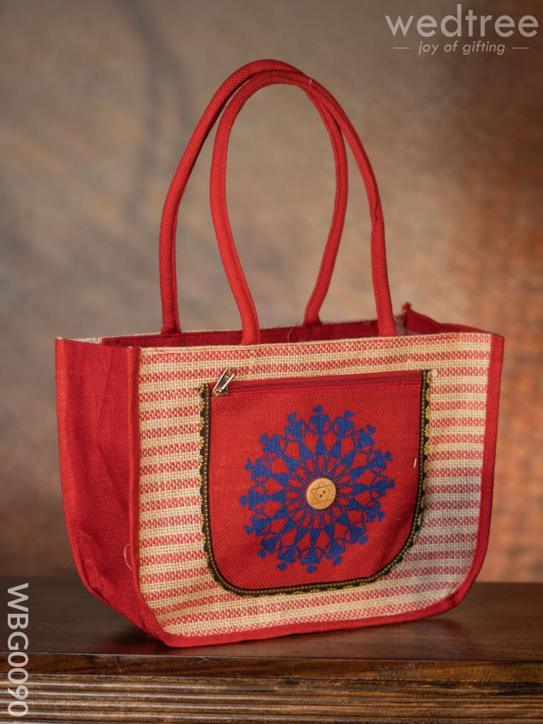 Warli Printed Jute Bag With Horizontal Stripes - Wbg0090 Bags