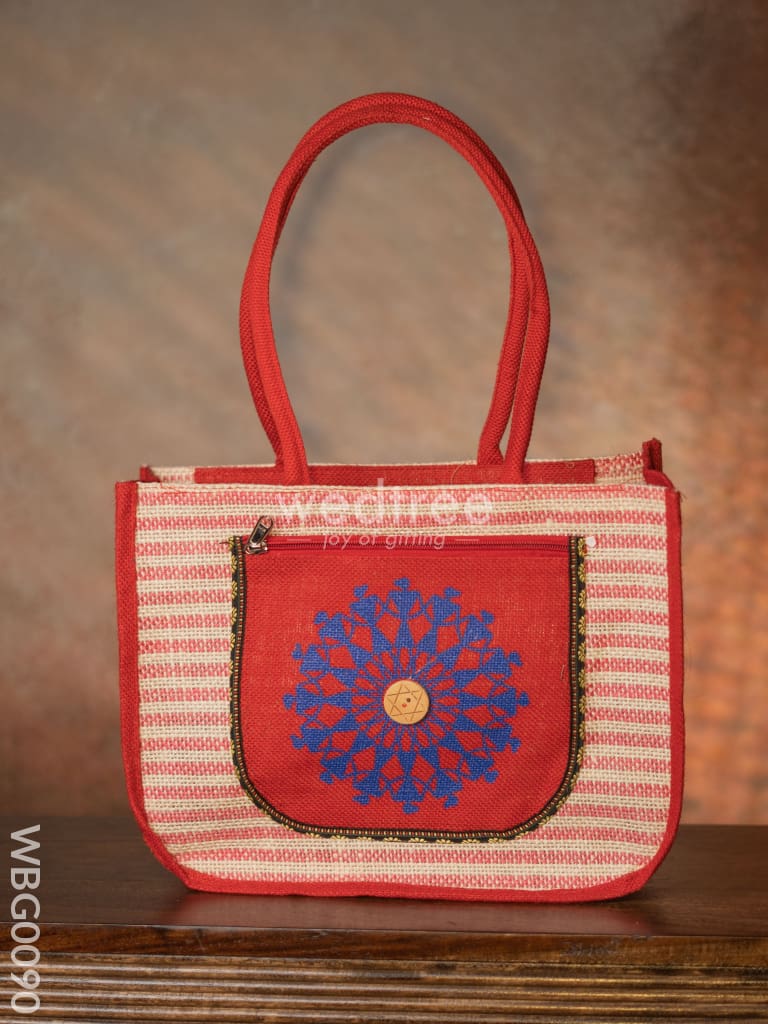 Warli Printed Jute Bag With Horizontal Stripes - Wbg0090 Bags