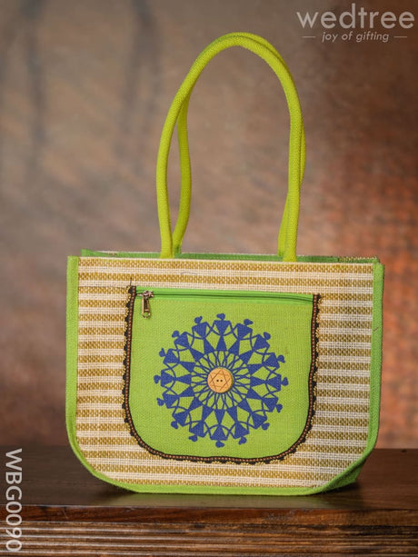 Warli Printed Jute Bag With Horizontal Stripes - Wbg0090 Bags