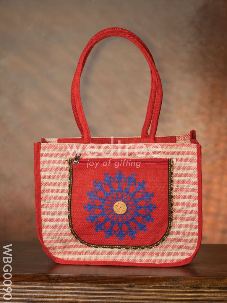 Warli Printed Jute Bag With Horizontal Stripes - Wbg0090 Bags