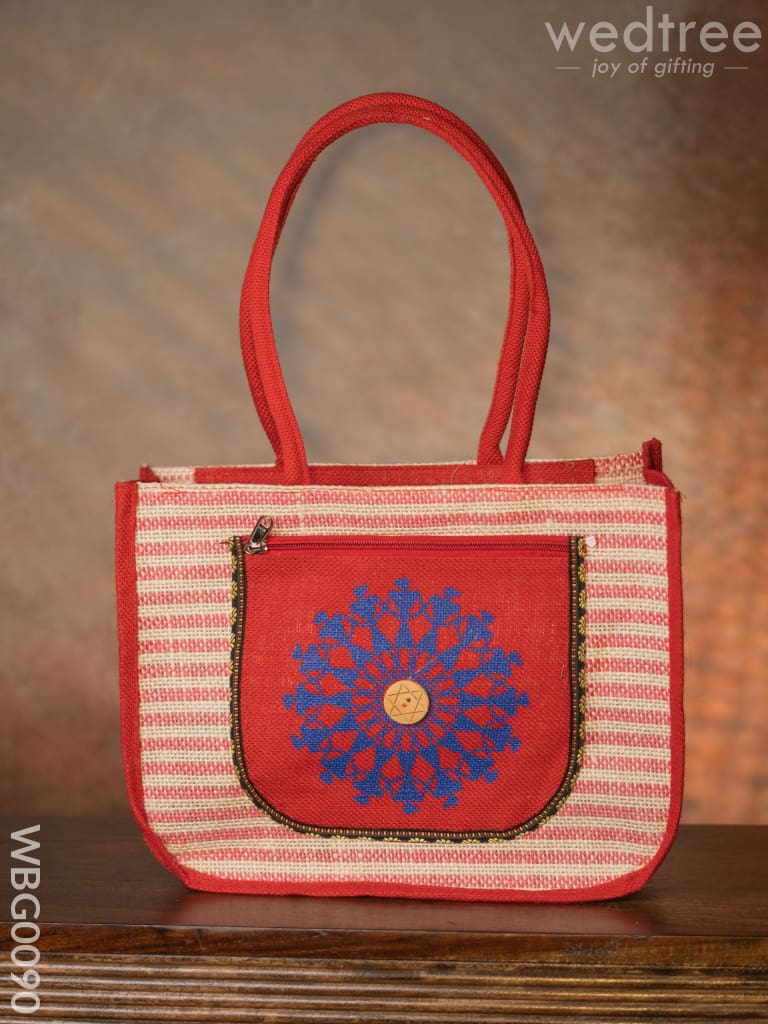 Warli Printed Jute Bag With Horizontal Stripes - Wbg0090 Bags