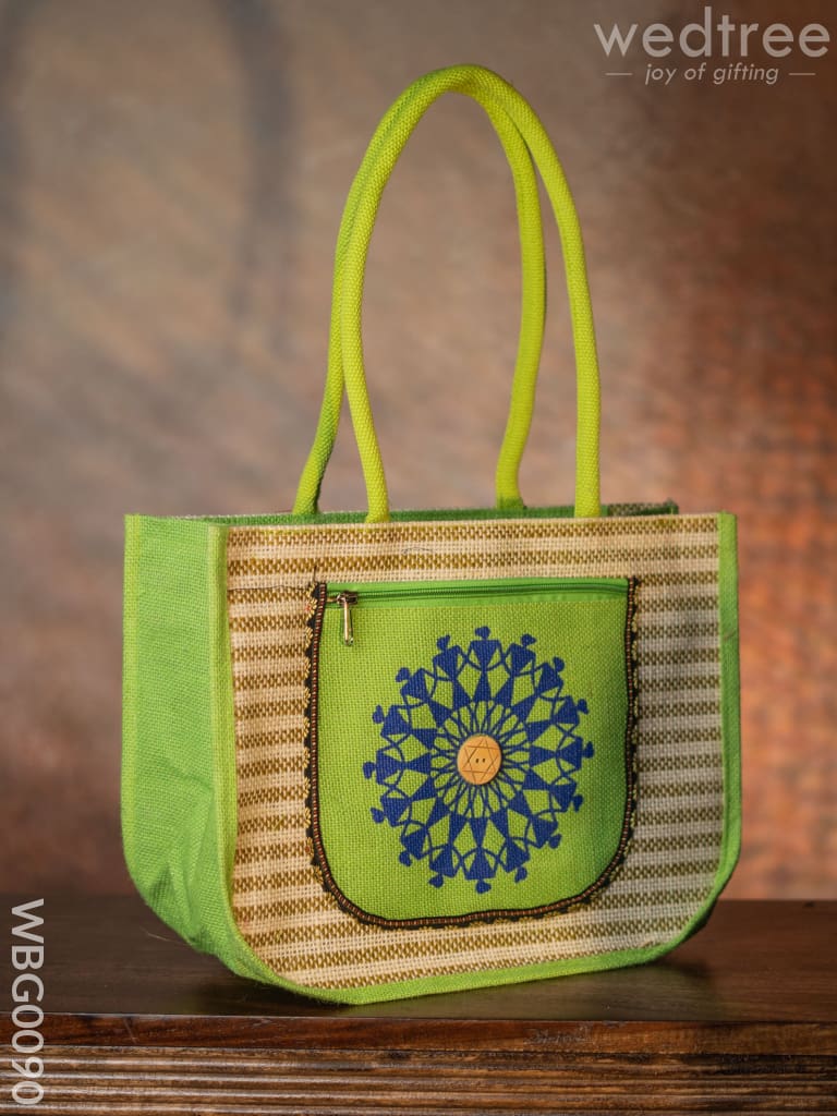 Warli Printed Jute Bag With Horizontal Stripes - Wbg0090 Bags