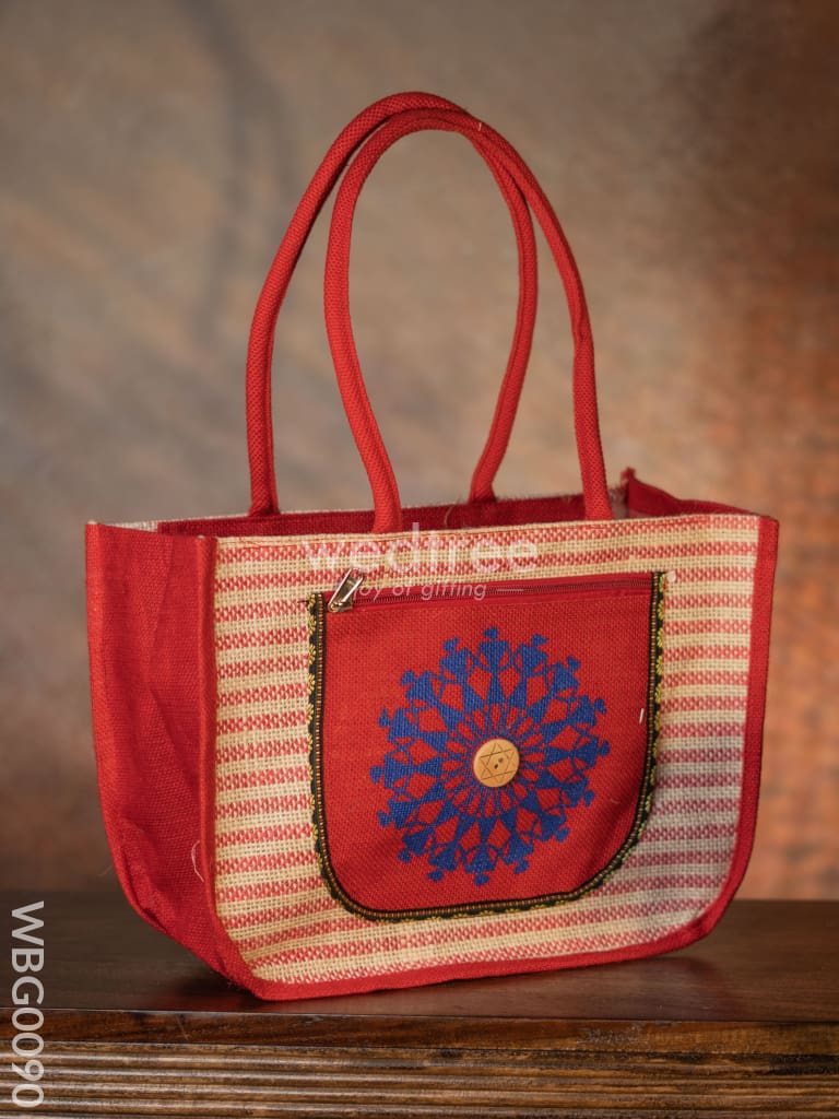 Warli Printed Jute Bag With Horizontal Stripes - Wbg0090 Bags