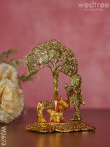 White Metal Cow Krishna Under Tree Gold Finish - W3673 Divine Figurines