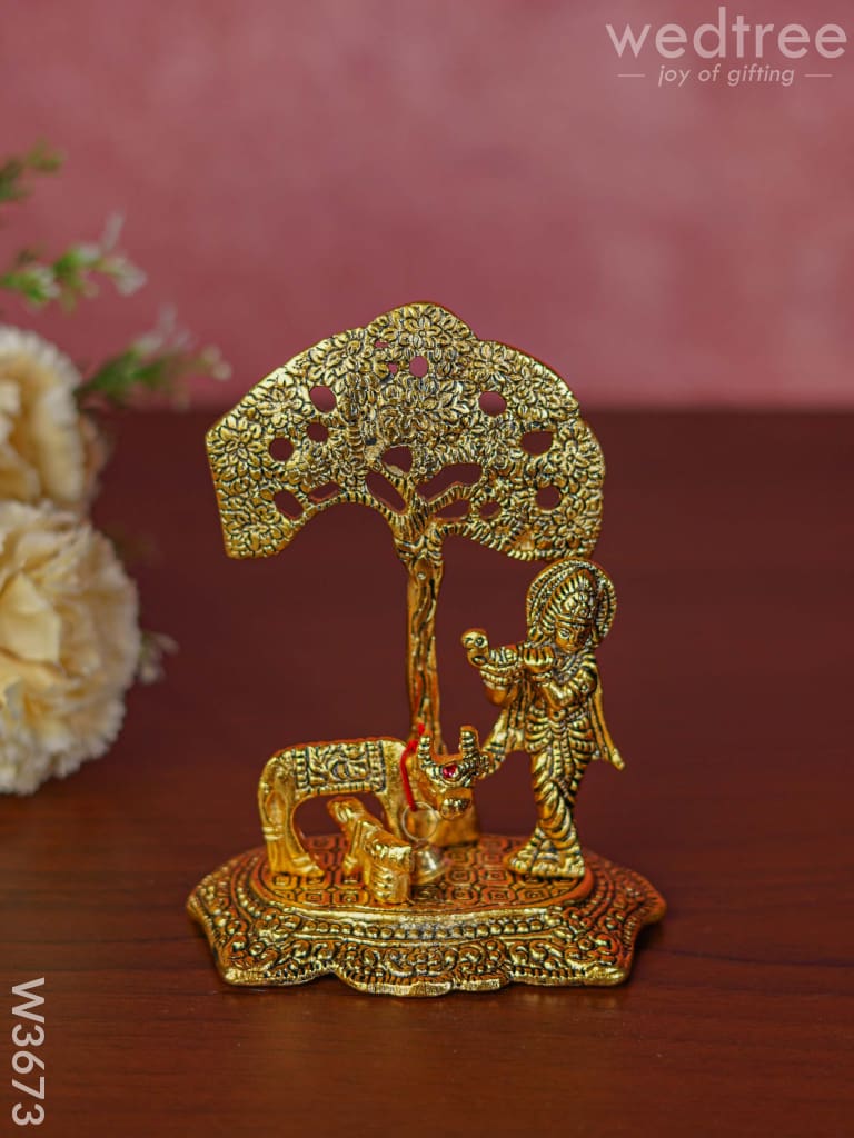 White Metal Cow Krishna Under Tree Gold Finish - W3673 Divine Figurines