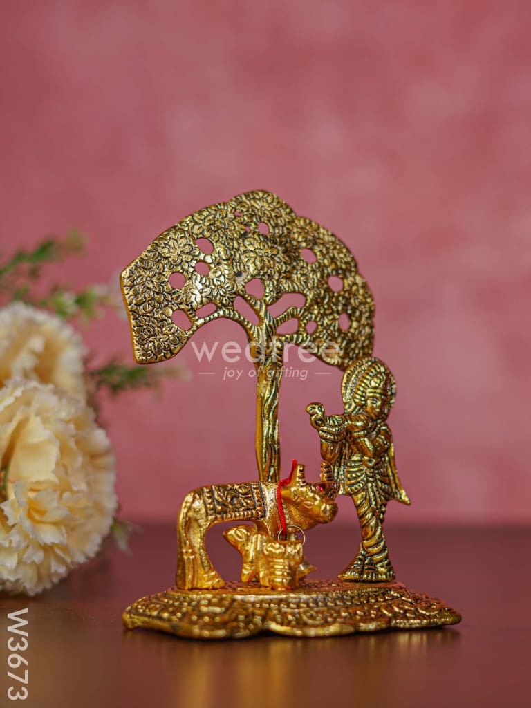 White Metal Cow Krishna Under Tree Gold Finish - W3673 Divine Figurines