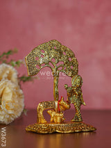 White Metal Cow Krishna Under Tree Gold Finish - W3673 Divine Figurines