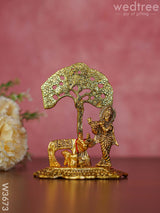 White Metal Cow Krishna Under Tree Gold Finish - W3673 Divine Figurines