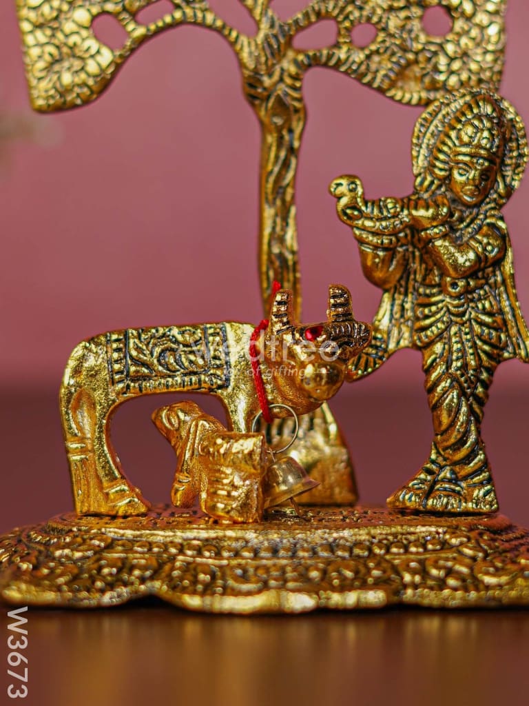 White Metal Cow Krishna Under Tree Gold Finish - W3673 Divine Figurines