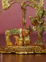 White Metal Cow Krishna Under Tree Gold Finish - W3673 Divine Figurines