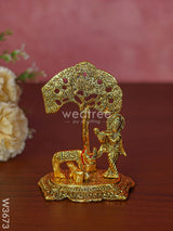 White Metal Cow Krishna Under Tree Gold Finish - W3673 Divine Figurines