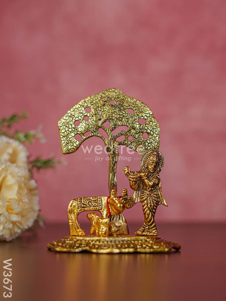 White Metal Cow Krishna Under Tree Gold Finish - W3673 Divine Figurines