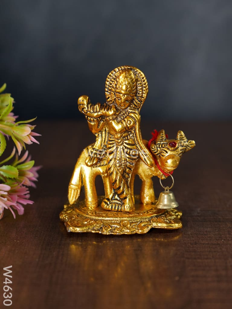 White Metal Gold Finish Krishna With Cow - W4630 Divine Figurines