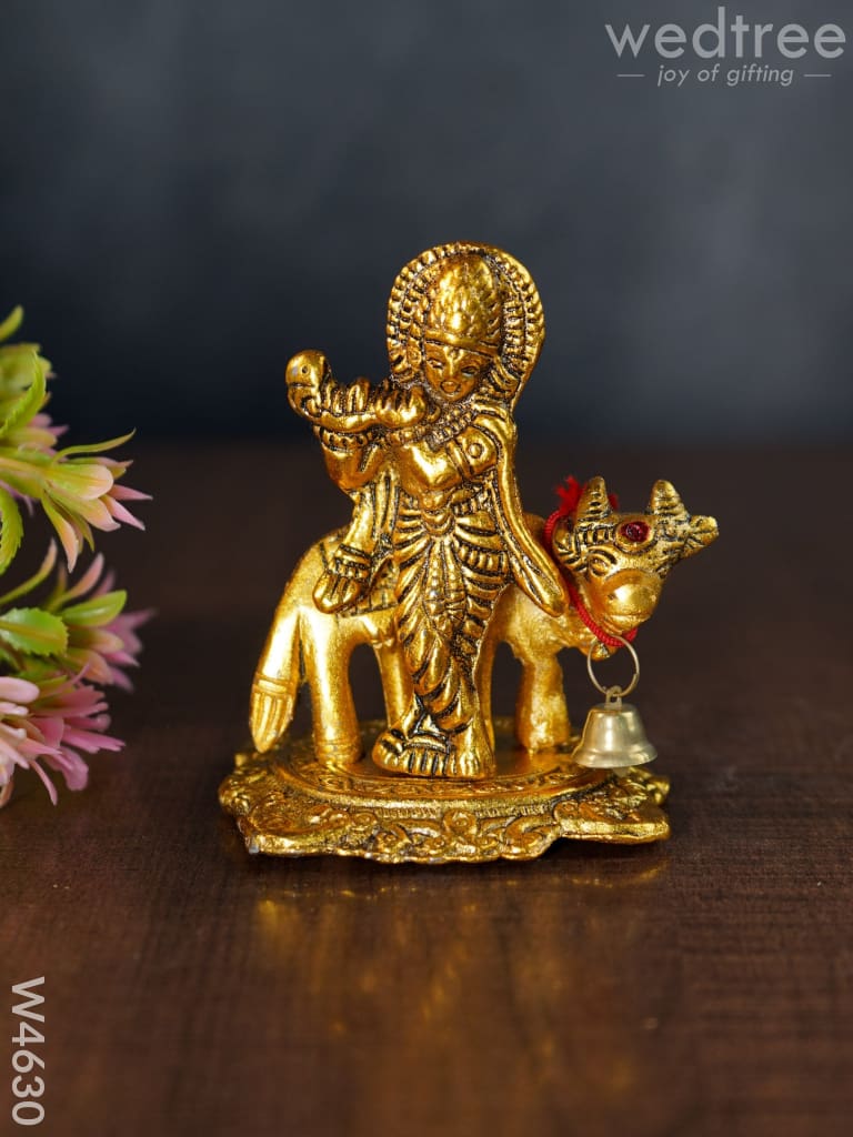 White Metal Gold Finish Krishna With Cow - W4630 Divine Figurines