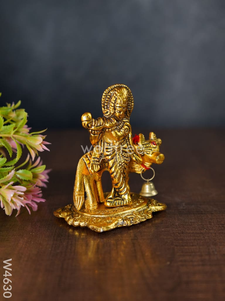 White Metal Gold Finish Krishna With Cow - W4630 Divine Figurines