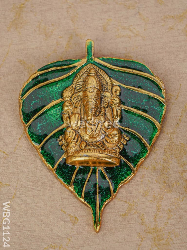 White Metal Green Leaf Ganesha Wall Hanging - Wbg1124 Divine Figurines