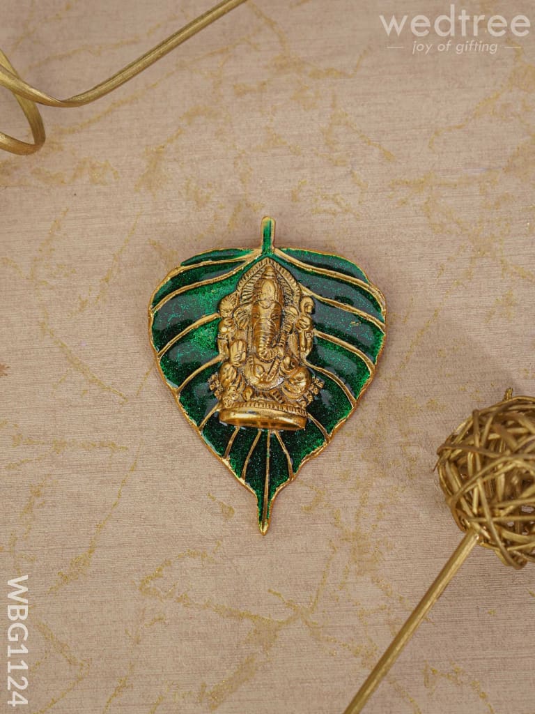 White Metal Green Leaf Ganesha Wall Hanging - Wbg1124 Divine Figurines