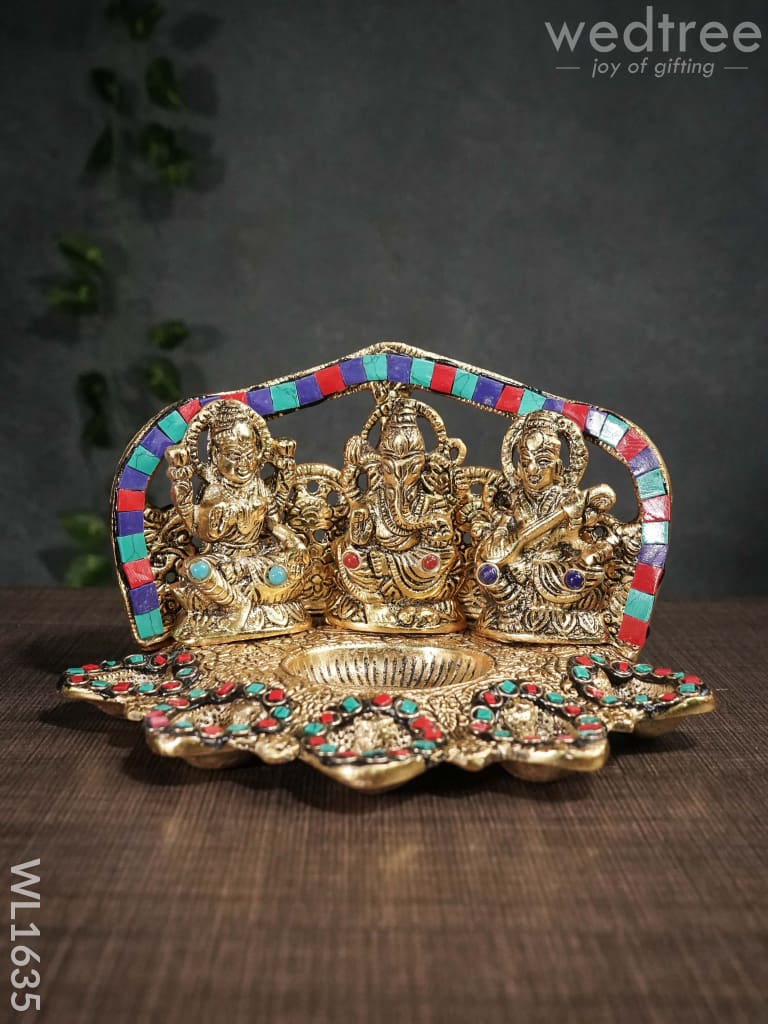 White Metal Lakshmi Ganesh Saraswathi Five Face Diya With Stone Work - Wl1635