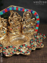 White Metal Lakshmi Ganesh Saraswathi Five Face Diya With Stone Work - Wl1635