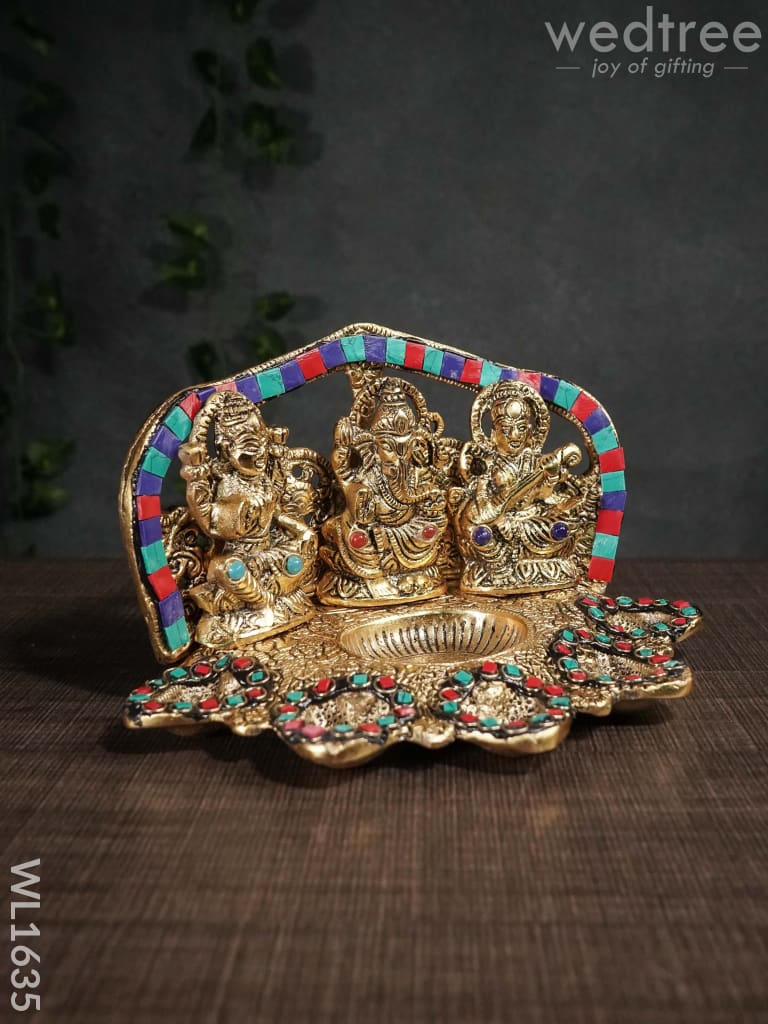 White Metal Lakshmi Ganesh Saraswathi Five Face Diya With Stone Work - Wl1635