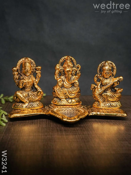 White Metal Lakshmi Ganesha Saraswati Diya - W3241