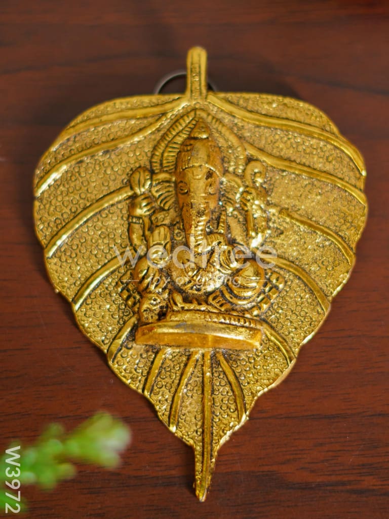 White Metal Pipal Leaf Ganesha Gold Finish - W3972 Divine Figurines