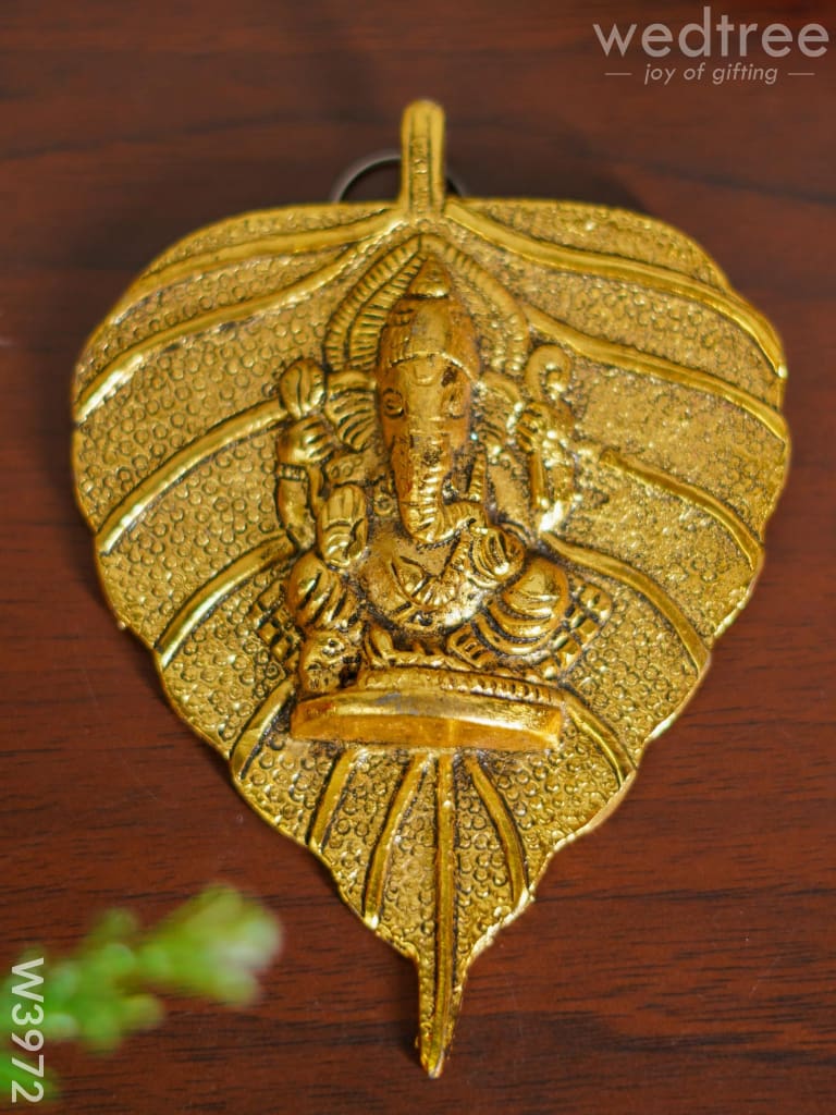 White Metal Pipal Leaf Ganesha Gold Finish - W3972 Divine Figurines