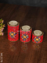 Wooden Candle Holder With Tile Work ( Set Of 3) - Wl2178 Candles And Votives